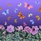 Beautiful African violet flowers and flying butterflies on purple background. Seamless floral pattern. Watercolor painting.