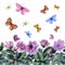 Beautiful African violet flowers and flying butterflies on white background. Seamless floral pattern. Watercolor painting.
