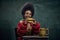 Beautiful african woman, medieval princess eating delicious burger against vintage green background. Fast food