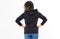 Beautiful Afro American Girl In Black Sweatshirt On White Background Isolated. Black Woman in hoodie mock up : Back View