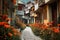 Beautiful alley with flowers in the old town of Hallstatt, Austria