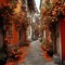 Beautiful alley with orange flowers in old town of Istanbul, Turkey