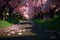 Beautiful alley with sakura trees. AI generative
