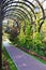 Beautiful alley under wooden garden arch in public park. Landscape gardening design in park