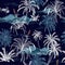 Beautiful Aloha monotone blue seamless island pattern vector. Landscape with palm trees,beach and ocean vector hand drawn style