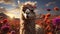 A beautiful alpaca grazes in the meadow under the sunset generated by AI