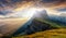 Beautiful alpine highlands with dramatic sky. Incredible view in Dolomite Alps. Awesome nature Landscape. View from Seceda peak on