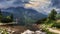 Beautiful alpine lake in morning. Overcast summer day in the Slovak High Tatra mountains - Popradske Pleso mountain lake and