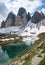Beautiful alpine lakes at the foot of mountain Tre Cime Drei Zinnen. Dolomites, Italy