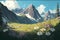 Beautiful alpine landscape with wild flowers and mountains. Vector illustration