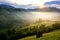 The Beautiful alpine meadow with green grass. sunrise. landscape on wild transylvania hills. Holbav. Romania. Low key, dark backgr