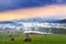 Beautiful alpine view with an agricultural hut near the Geroldsee and the famous Karwendel summit Mittenwald, Bavaria, Germany