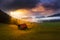 Beautiful alpine view with an agricultural hut near the Geroldsee and the famous Karwendel summit Mittenwald, Bavaria, Germany