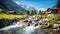 Beautiful Alps landscape with village, green fields and cows at sunny day. Swiss mountains at the background