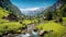 Beautiful Alps landscape with village, green fields and cows at sunny day. Swiss mountains at the background