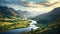 Beautiful Alps landscape with village, green fields and cows at sunny day. Swiss mountains at the background