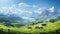 Beautiful Alps landscape with village, green fields, mountain river at sunny day. Swiss mountains at the background