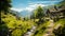 Beautiful Alps landscape with village, green fields and tourists are hiking at sunny day. Swiss mountains at the background.