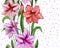 Beautiful amaryllis flowers with green leaves on white dotted background. Seamless floral pattern. Watercolor painting.