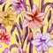 Beautiful amaryllis flowers with green purple leaves on yellow background. Seamless spring pattern. Watercolor painting.