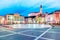 Beautiful amazing city scenery in the central square with the old clock tower in Piran, the tourist center of Slovenia in the