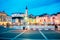 Beautiful amazing city scenery in the central square with the old clock tower in Piran, the tourist center of Slovenia in the ligh