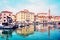 Beautiful amazing city scenery on the waterfront with boats in Piran, the tourist center of Slovenia. popular tourist attraction.