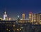 Beautiful, amazing panoramic view of Warsaw Poland with skyscrapers and a Palace of Culture and Science during spring flowering