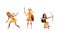 Beautiful Amazon Girls Set, Female Ancient Warriors Characters Fighting with Bow and Sword Cartoon Vector Illustration