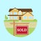 Beautiful american house on the blue background with SOLD sign