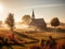 A beautiful Amish church in the American countryside on a misty morning, generative AI