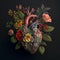 Beautiful anatomic heart with flowers and leaves. Floral romantic composition for greeting card. AI generated image