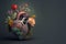 Beautiful anatomic heart with flowers and leaves. Floral romantic composition for greeting card. AI generated image