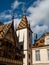 Beautiful ancient architecture of Burgundy. Streets of the city of Beaune. Sunny spring day. Advertising tourist types