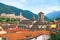 Beautiful ancient city of Bellinzona in Switzerland with Collegiata dei Ss. Pietro e Stefano church and Castelgrande
