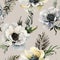 Beautiful anemone flower with green leaves on light gray  background.  Seamless floral pattern. Watercolor painting. Hand drawn