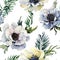 Beautiful anemone flower with green leaves on white background.  Seamless floral pattern. Watercolor painting. Hand drawn and