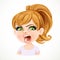 Beautiful angry aggressive cartoon fair-haired girl with hair gathered in ponytail portrait