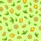 Beautiful animation lemon fruits on green background. Lemon drawing. Seamless pattern