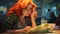 beautiful anime girl with curly red hair under table and newspaper, orange and green, Generative AI