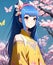 Beautiful anime girl in kimono dress with blue hair sakura flowers romantic giapponese character fantasy illustration