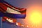 Beautiful anthem day flag 3d illustration - many Cambodia flags on sunset placed diagonal with bokeh and place for your text