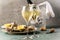 Beautiful appetizer oysters and glasses champagne on Festive Table