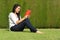 Beautiful arab woman reading a book sitting on the lawn in the park