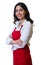 Beautiful arabic waitress with red apron