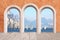 Beautiful arcade, vintage wall with lake view to sail boats and