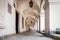 Beautiful arcades of tenement houses at the market square in ZamoÅ›Ä‡. Barrel vaults and stylized city lanterns suspended from the