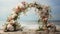 beautiful arch with flowers on the beach.