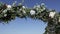 A beautiful arch of fresh flowers for a wedding ceremony stands outdoors