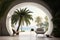 Beautiful arched interior with a backdrop of palm trees and the sea